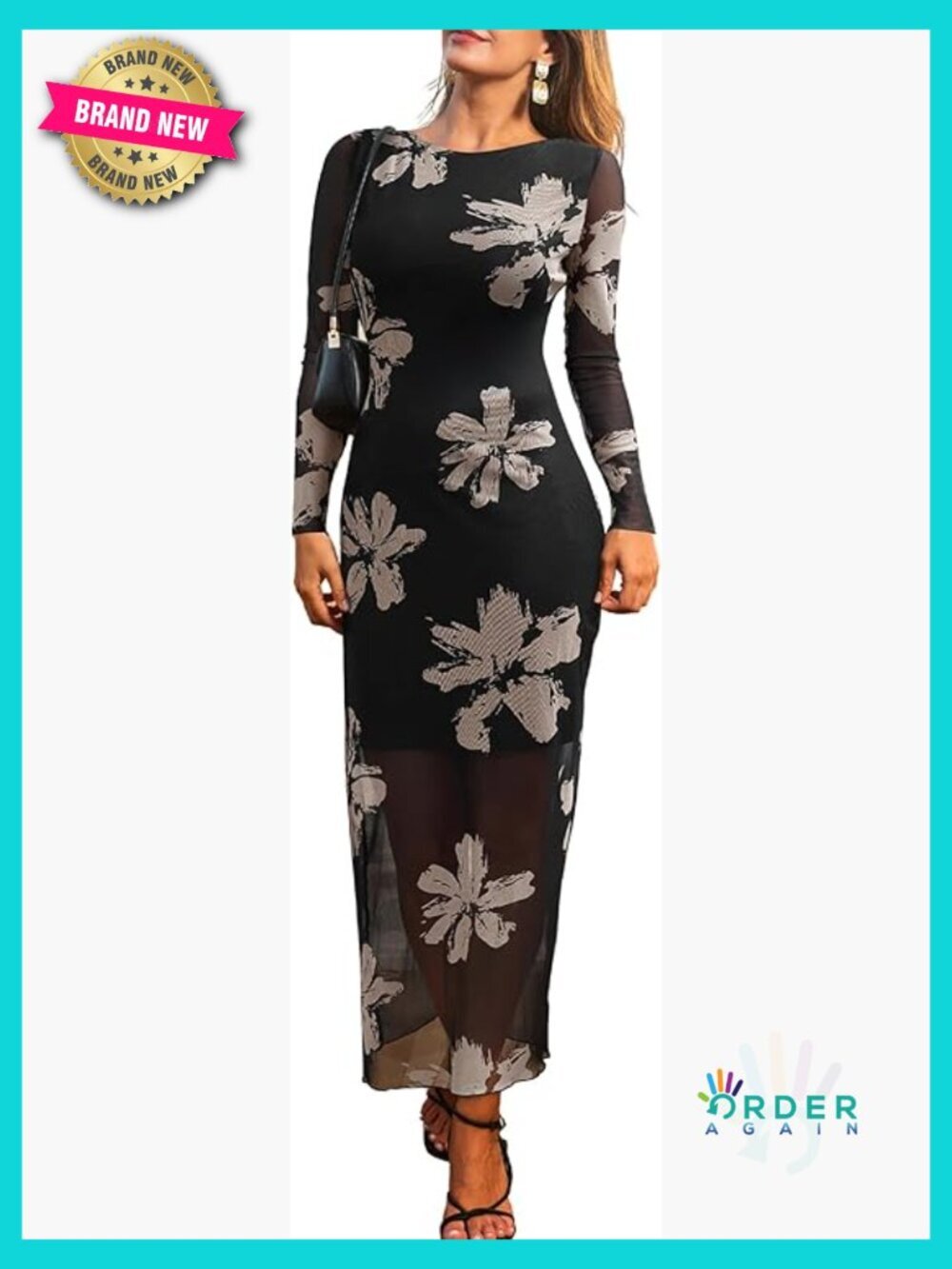 Long Sleeve Formal Maxi Dress Elegant Floral Sheer Bodycon Slim Fit Wedding